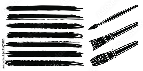 Black paintbrushes alongside textured strokes create interesting contrast on a transparent background image