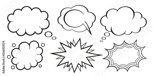 Several outlined cloud shape and starburst speech bubbles are displayed on a white background