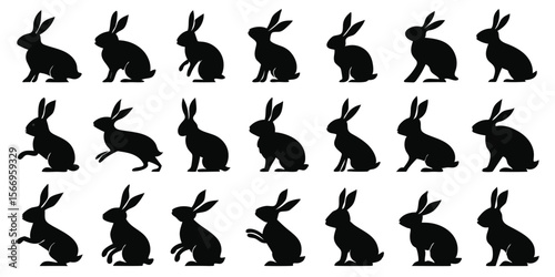 Diverse black bunny animal silhouettes showcase varied poses against a transparent backdrop here