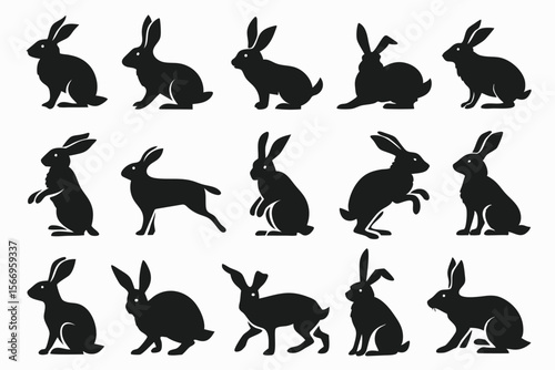 Various postures of black rabbit silhouettes stand against a white backdrop, offering a simple design