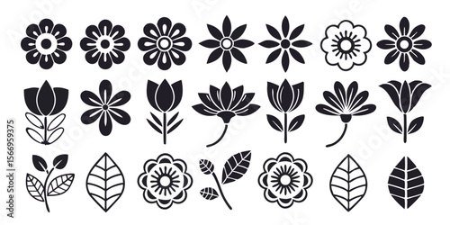 Various simplistic flora designs show leaves, tulips, lotus, blossoms, and flowered stem isolated