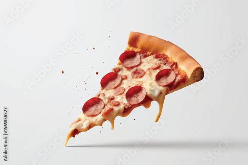 Single Slice of Pepperoni Pizza in Air with Falling Pepperoni