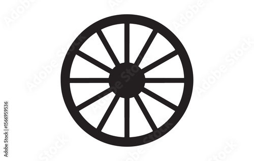 Black wagon wheel with spokes on white background circular transportation