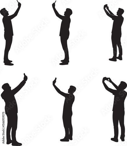 Silhouettes of People Taking Selfies with Smartphones – Perfect for Social Media, Photography, and Mobile Lifestyle Illustrations in Digital Age