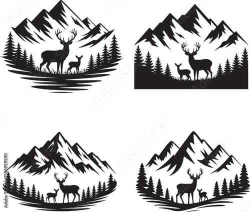 Silhouettes of Deer in Mountain Landscape with Pine Trees – Ideal for Nature, Wildlife, and Outdoor Adventure Illustrations for Scenic Designs