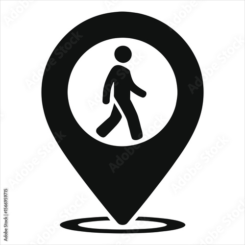 Pedestrian Location Icon on Light Background/Simple, black and white graphic of a pedestrian symbol inside a location pin icon on a white background.