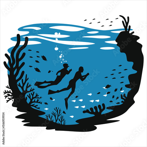 Two scuba divers explore a vibrant underwater coral reef scene./This stylized vector depicts two scuba divers silhouetted against a vibrant underwater world.