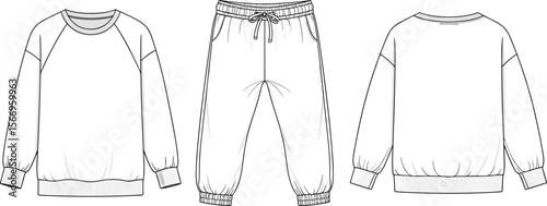 Tracksuit fashion flat sketch, sweatshirt and jogger pants vector template, detailed clothing design for activewear, loungewear or casual wear