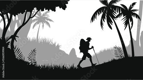 Hiker Exploring Lush Tropical Rainforest/Vector Silhouette of a hiker with a backpack and trekking poles ascending a gentle slope in a lush, tropical rainforest setting.