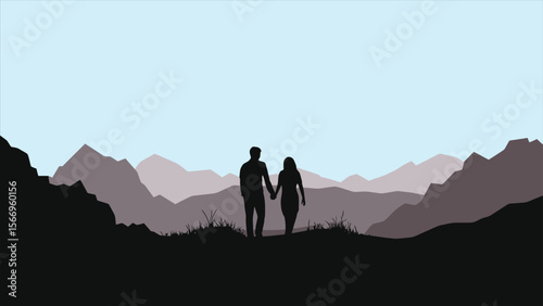 Loving Couple Hiking Through Misty Mountains/A serene vector silhouette of a couple holding hands and walking through a mountainous landscape.