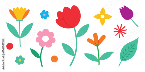 Various colorful flower elements including daisies, tulips, and abstract blooms create a cheerful composition
