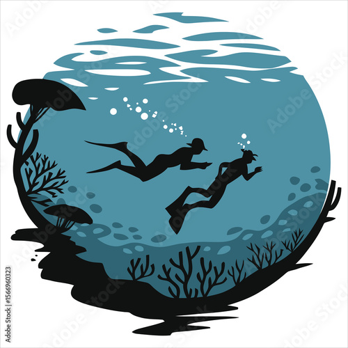 Vector Silhouette of Two scuba divers explore a vibrant underwater world./A stylized illustration of two scuba divers gracefully swimming within a circular underwater scene.