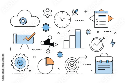 Assorted diagrams and icons illustrate business management and operations on a transparent background