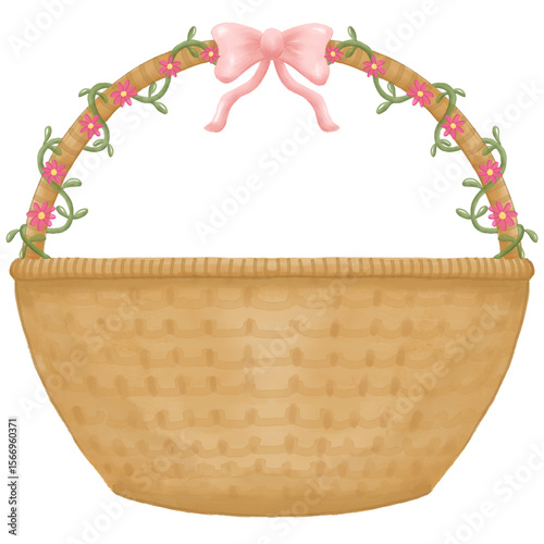 Cute Wicker Basket with Pink Ribbon and Floral Handle – watercolor Illustration
