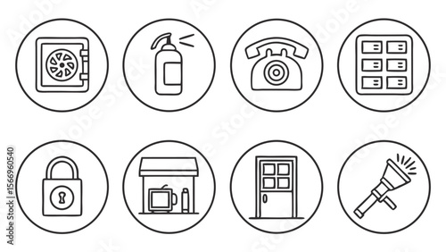 Eight outline icons depict a safe, phone, fire extinguisher, lock, and other symbols