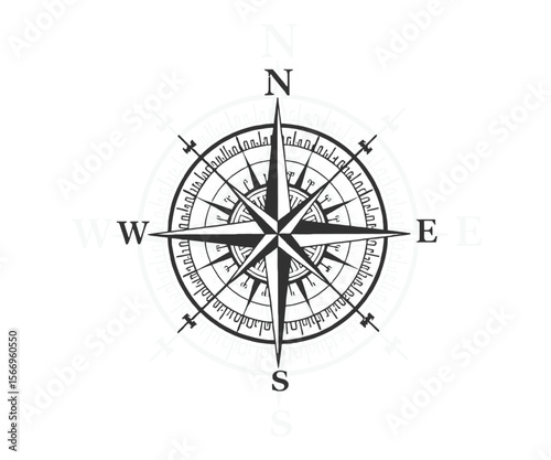 Detailed Black and White Compass Rose Illustration on a White Background
