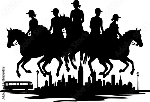 horses, riders, equestrian mountain city vector bundle