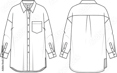 Long sleeve shirt technical flat sketch, fashion vector template, classic button up blouse design, unisex apparel drawing for designers