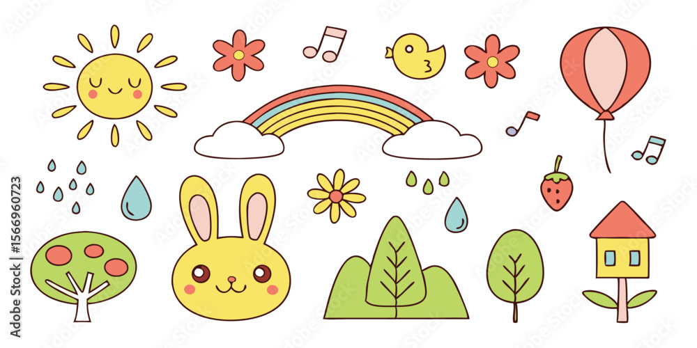 Fototapeta premium Cheerful kawaii nature features a cute yellow rabbit, rainbow, sun, and trees all together