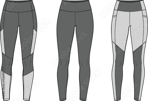 Leggings flat sketch, three design variations, front view, activewear template, high waist tights, sportswear vector, fashion drawing, apparel CAD, yoga pants, detailed outline, workout leggings