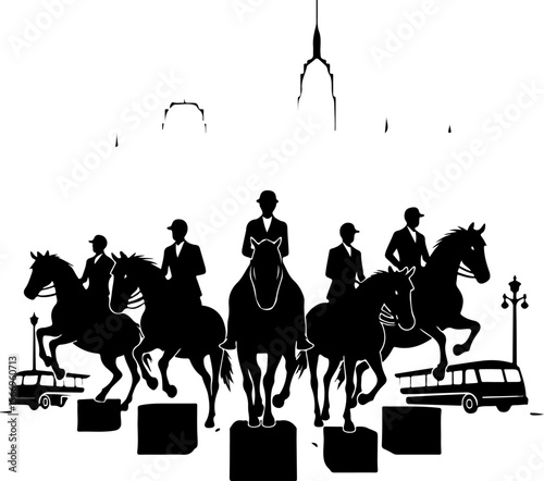horses, riders, equestrian mountain city vector bundle
