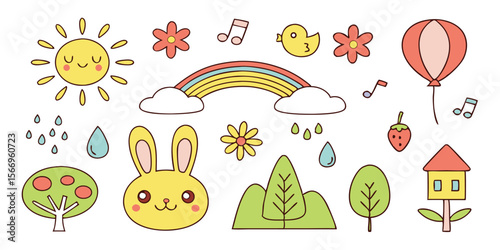 Cheerful kawaii nature features a cute yellow rabbit, rainbow, sun, and trees all together