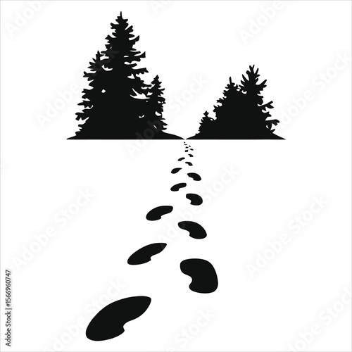 Vector Silhouette of snowy forest path with footprints./A simple, elegant silhouette of a snowy forest path with distinct footprints leading from a line of pine trees.