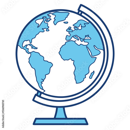 Blue world globe showcases continents and oceans, standing on a desk stand with transparent background