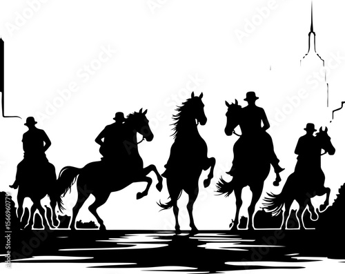 horses, riders, equestrian mountain city vector bundle