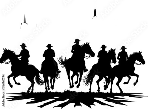 horses, riders, equestrian mountain city vector bundle