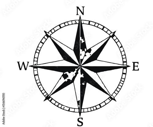 Monochrome Compass Rose Illustration with Directional Indicators on a White Background