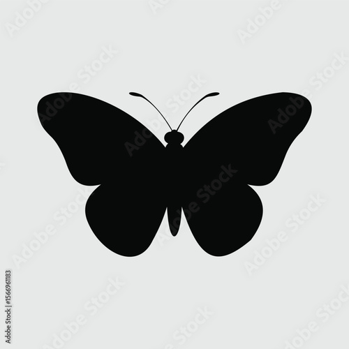 This captivating illustration features a bold black silhouette of a butterfly against a light gray background. 