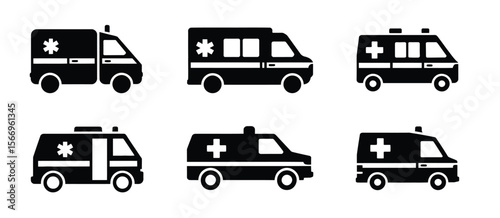 Set of Black and White Ambulance Icons