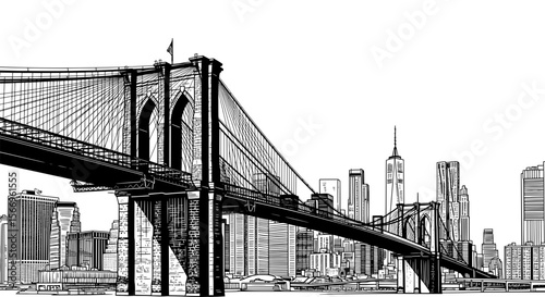 Brooklyn Bridge Over Manhattan - Urban Landmark Line Drawing
