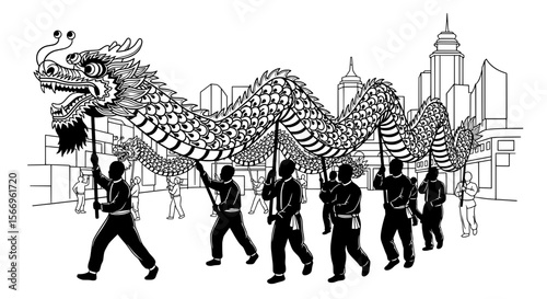 Traditional Chinese Dragon Dance - Cultural Celebration Line Art
