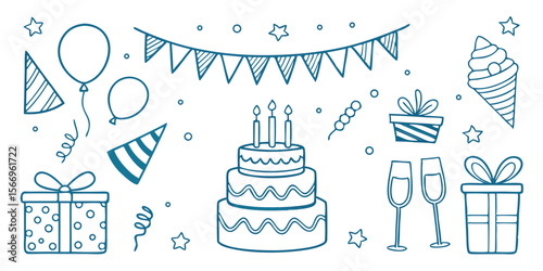 Doodled party elements including cake, gifts, champagne flutes, and balloons fill the frame on white