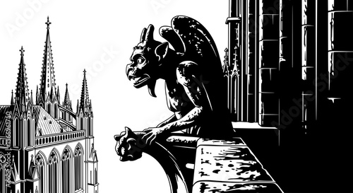 Gargoyle Overlooking Cityscape - Gothic Urban Art

