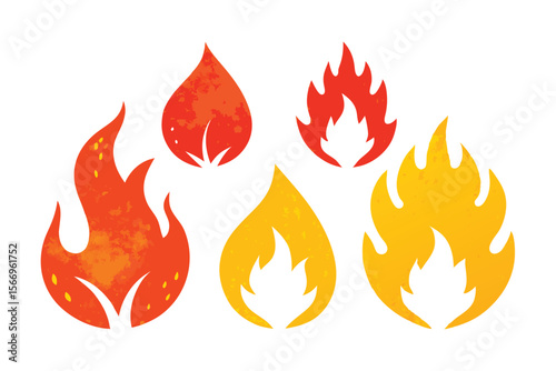 Varied fire symbols display orange, red, and yellow grunge textures over a transparent background