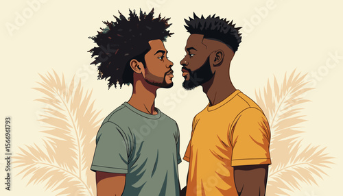 Two men gazing at each other with palm leaves in the background