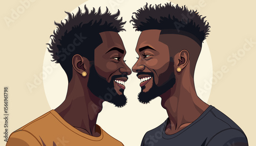 Two smiling men looking at each other with joy