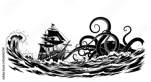 Epic Sea Monster Attacks Ship - Dramatic Nautical Fantasy Art
