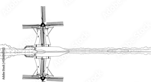 Classic Windmill Structure - Rural Landscape Black and White Art

