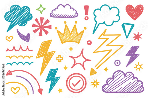 Colorful handdrawn doodles feature clouds, lightning bolts, hearts, crown, and various geometric shapes, all on white