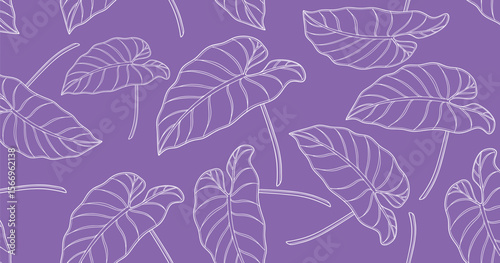 Seamless purple taro leaf pattern with delicate white line art, ideal for tropical textile prints, wallpaper designs, eco-friendly packaging, botanical themes, and elegant surface decoration.