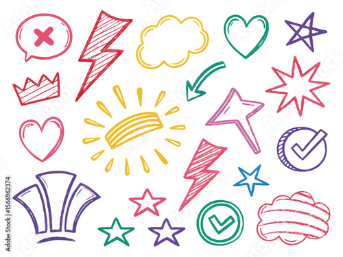 Colorful doodle style drawings of hearts, stars, crowns, lightning bolts, and clouds scatter widely