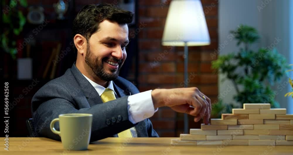 Indian climbing career level on wooden blocks, young Asian corporate executive representing ambition, leadership, growth, success in a modern business environment with symbolic steps to achievement