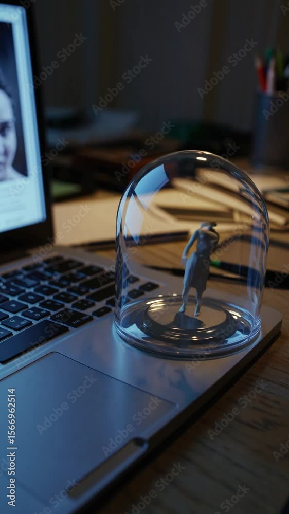 Danseur miniature sous cloche sur un ordinateur portable