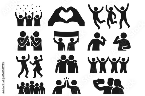 12 black silhouette icons of excited crowds. Includes cheering, waving, dancing, singing, hugging, waving banners, perfect for festive designs.