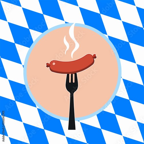 From the Oktoberfest series, sausage on a fork on  background of traditional Bavarian ornament with diagonal blue diamonds