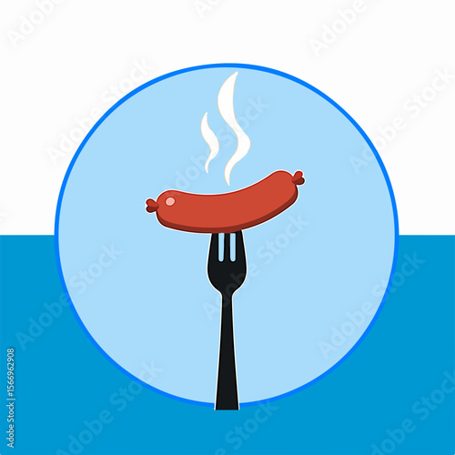 From the Oktoberfest series, sausage on a fork on  background of traditional Bavarian ornament with white and blue strips